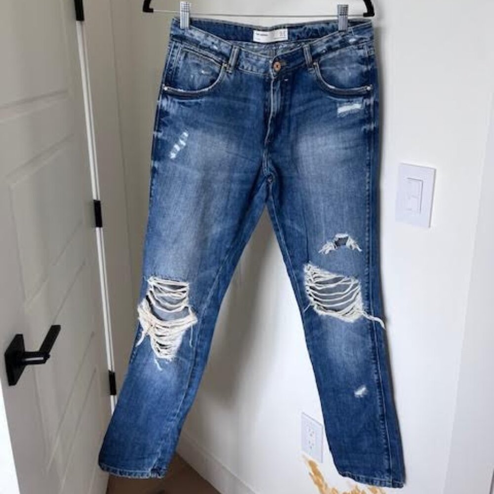 Zara TRF - Denim Straight Leg Distressed Light/Medium Wash Jeans